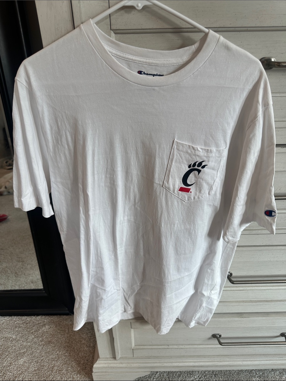 Champion Womens White Pocket Tee with Black & Red Cincinnati Bearcats